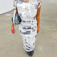Women Clothing Summer Newspaper Printed Casual Short Sleeve Slim Dress