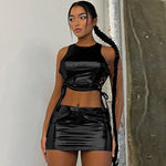 Women Clothing Spring Side Hollow Out Cutout out Tied Round Neck Vest Slim Skirt Set