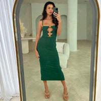 Summer Solid Color Hollow Out Cutout out Sunken Stripe Sexy Slim Strap Dress for Women