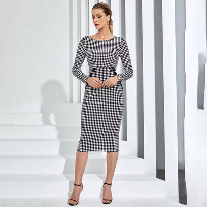 Spring Summer Houndstooth Dress Fastener Decoration Mid Length Dress