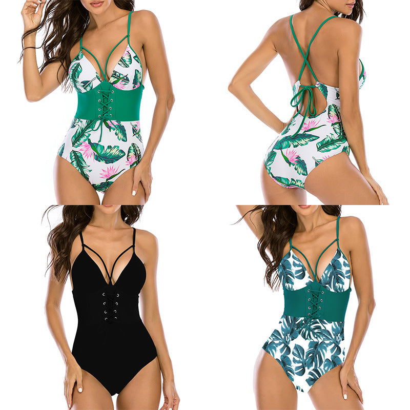 New Lace-up One-Piece Swimsuit  Elegant Big Chest Swimsuit  V Collar Bikini Swimsuit