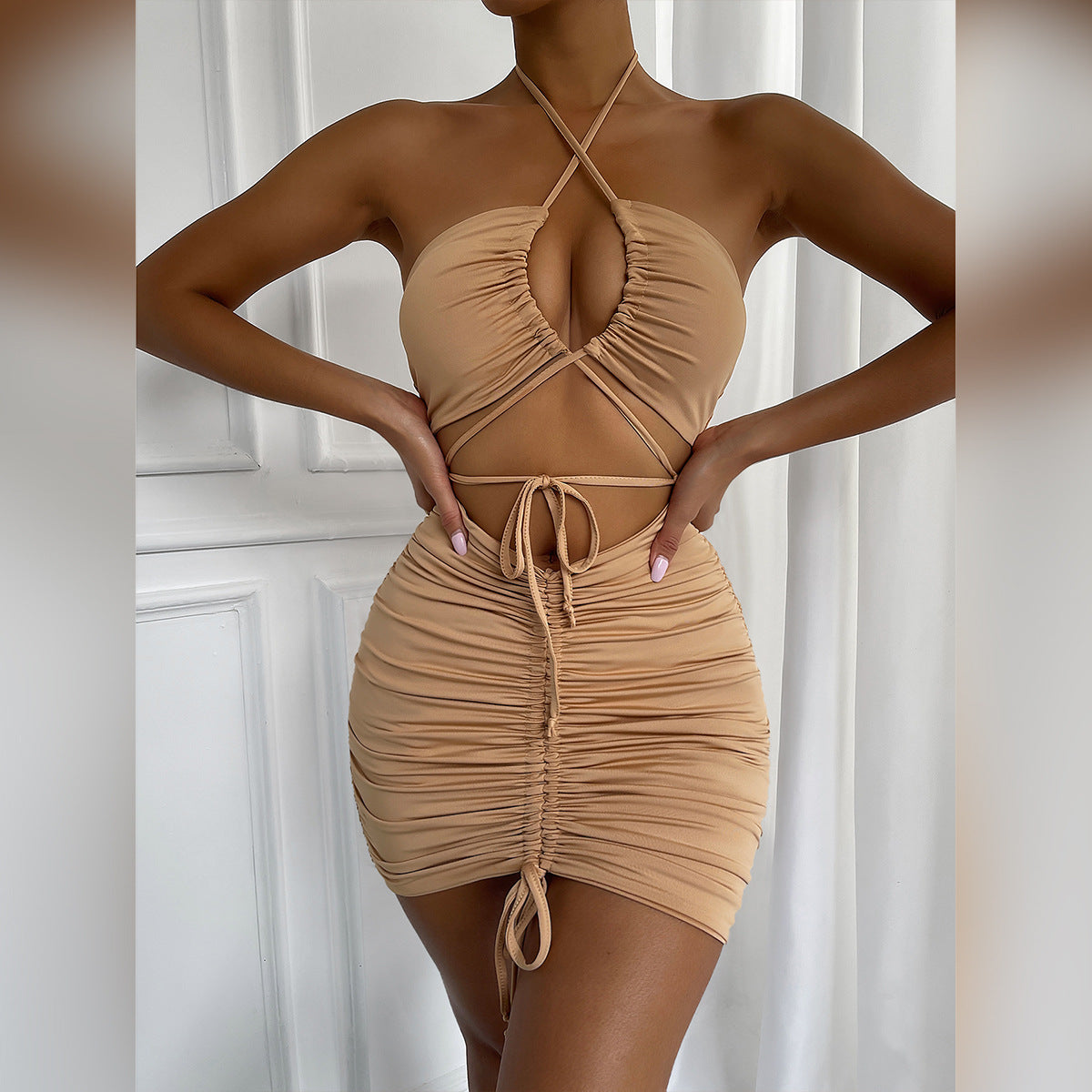 2022 New Women  Suspender Dress  Summer Sexy Hollow out Strap Ruffle Hip Dress