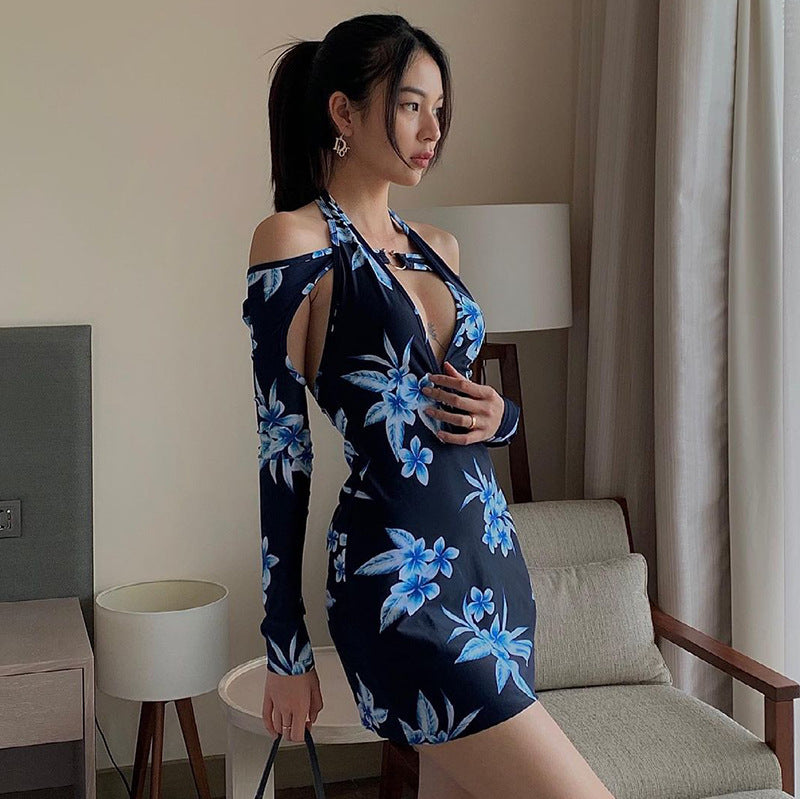 Style Summer Women Clothing New Lace-up Halterneck Backless Long Sleeves Floral Printing Slip Dress