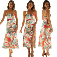 Spring Summer New Elegant Sexy Strap Multi Color Printed Side Slit Maxi Dress for Women
