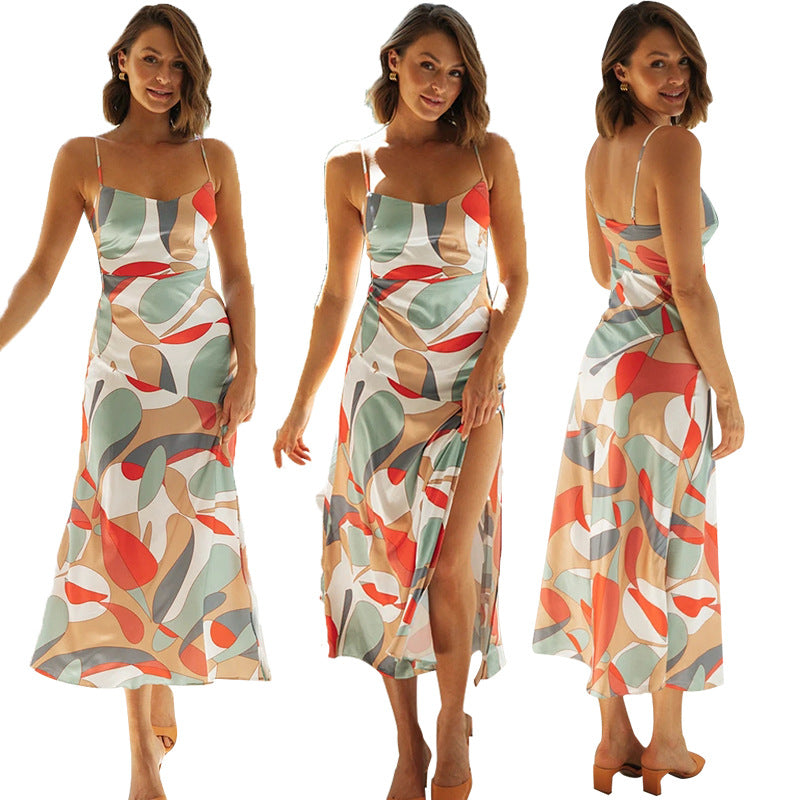 Spring Summer New Elegant Sexy Strap Multi Color Printed Side Slit Maxi Dress for Women