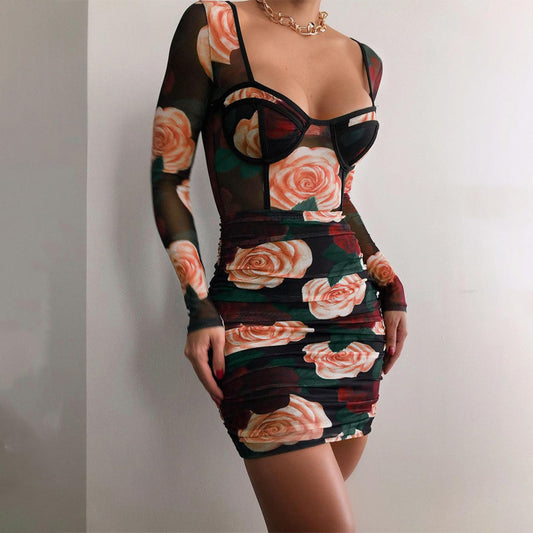 Women 2021 Autumn New Pleating Printed Square Collar Long Sleeve Slim Dress