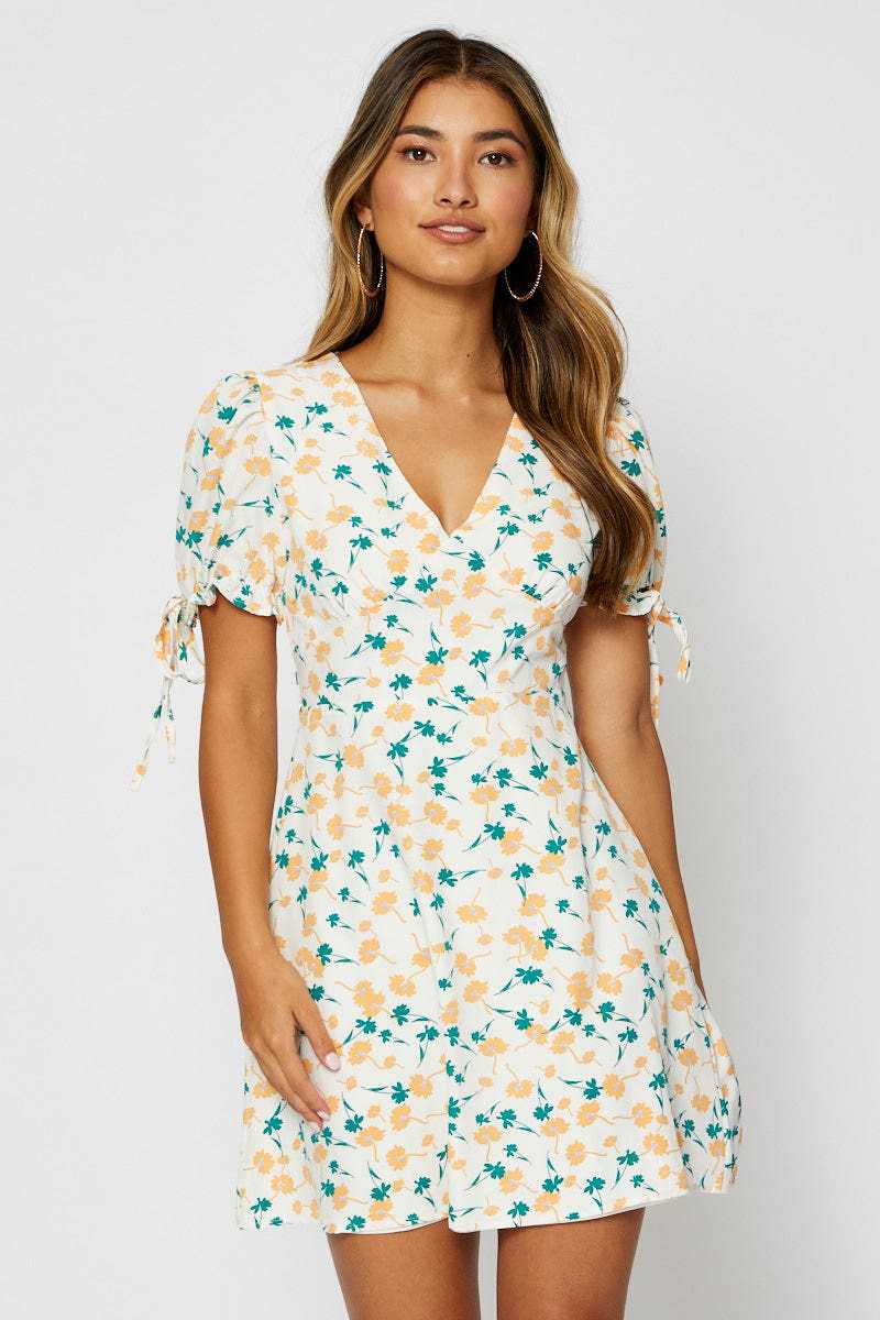 Spring and Summer New Casual Printed Tied V-neck Short Sleeve Dress Women Clothing