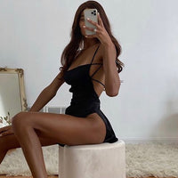 Women Clothing Summer New Suspender Backless Lace up Temperament High Slit Sexy  Dress