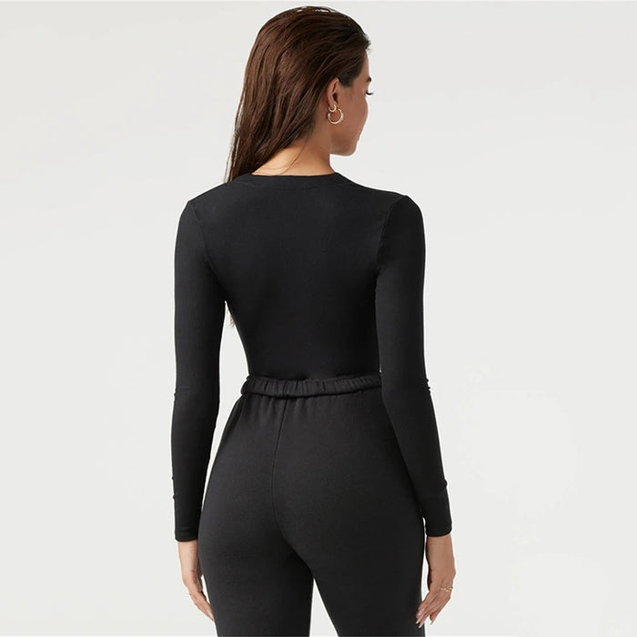 Mesh Girl Slim Fit Elegant Bottoming Shirt Autumn Winter New Solid Color round Neck Long Sleeve Zipper Jumpsuit