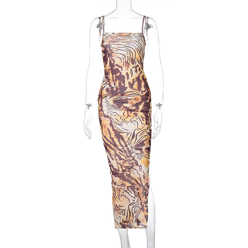 Style Retro Women Clothing 2021 New Autumn Fashion Floral Print Slit Bandeau Sling Dress