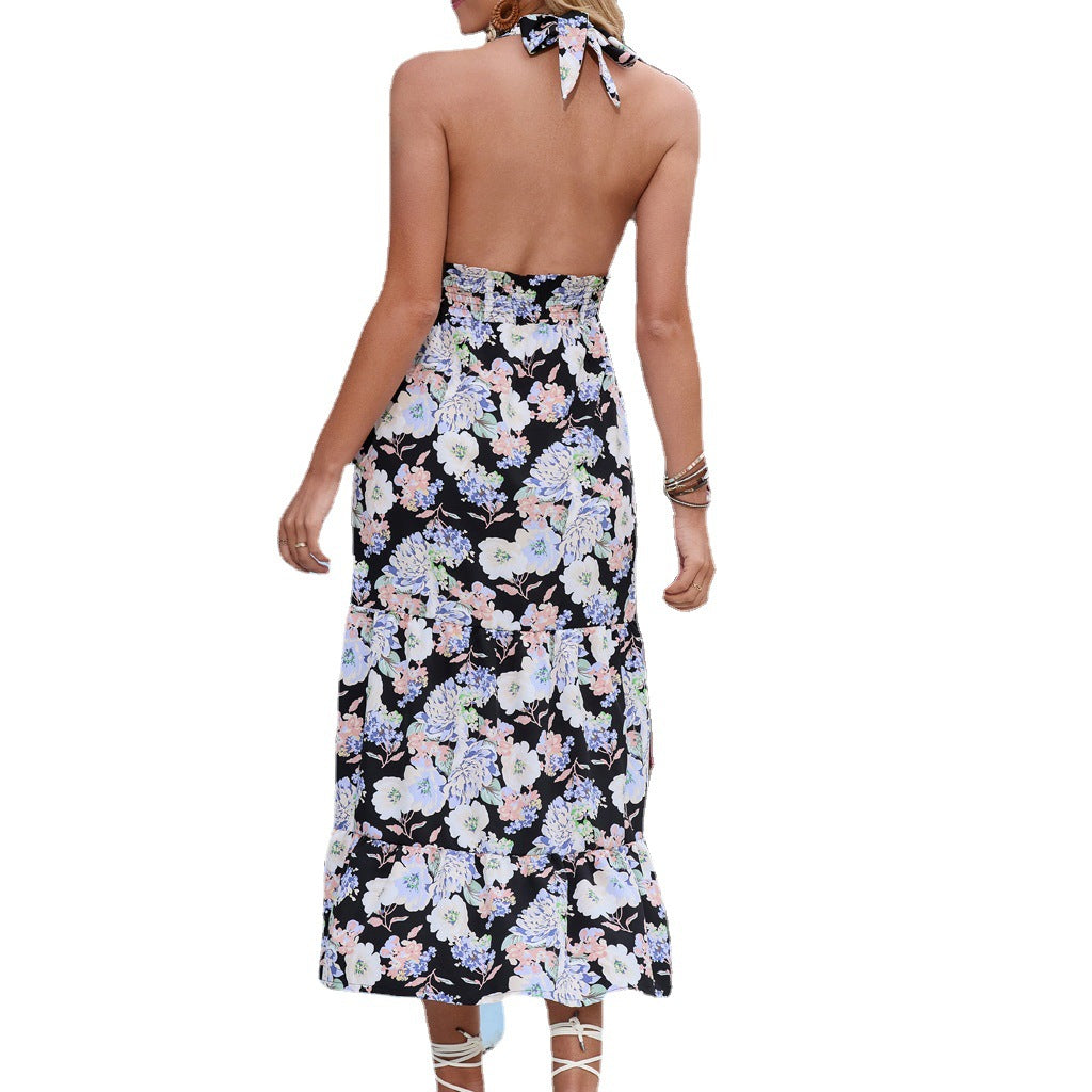 Summer Hot Sexy Backless Chiffon Dress Bohemian Long Dress Printed Beach Dress Maxi Dress