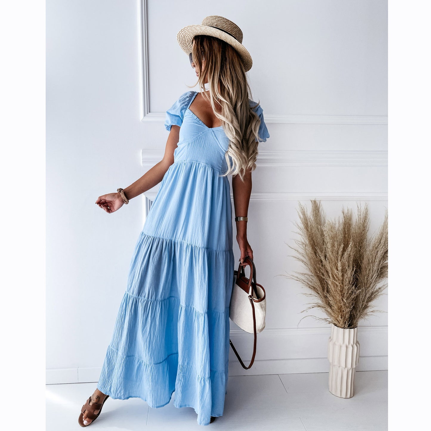 2021 Summer Sun Protection Short Sleeve Strapless Solid Color Backless Lace up Temperament Commute High Waist Dress