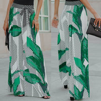 Spring Summer Casual Elegant Women Printed Leaves Lace-up Casual Pants Wide-Leg Pants