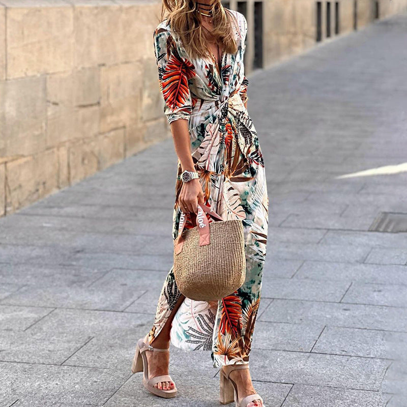 Spring Women Fashionable Elegant Feather Printed One Piece Slimming Dress