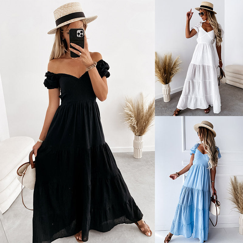 2021 Summer Sun Protection Short Sleeve Strapless Solid Color Backless Lace up Temperament Commute High Waist Dress