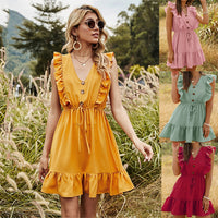 Summer New Yellow V-neck Flounce Bubble Lace-up Dress for Women