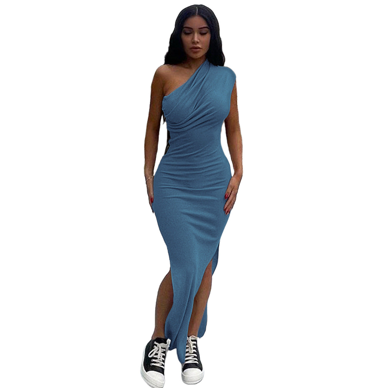 Women Clothing  New  Spring Summer Solid Color Thread Pleated Slant Shoulder Slit Long Dress