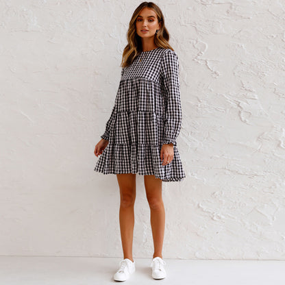 New Long Sleeve Plaid Pleated Swing Cake Dress Women Clothing