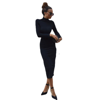 2021  Women Clothing Autumn Fashion New Sexy Backless Turtleneck Long Sleeve Dress