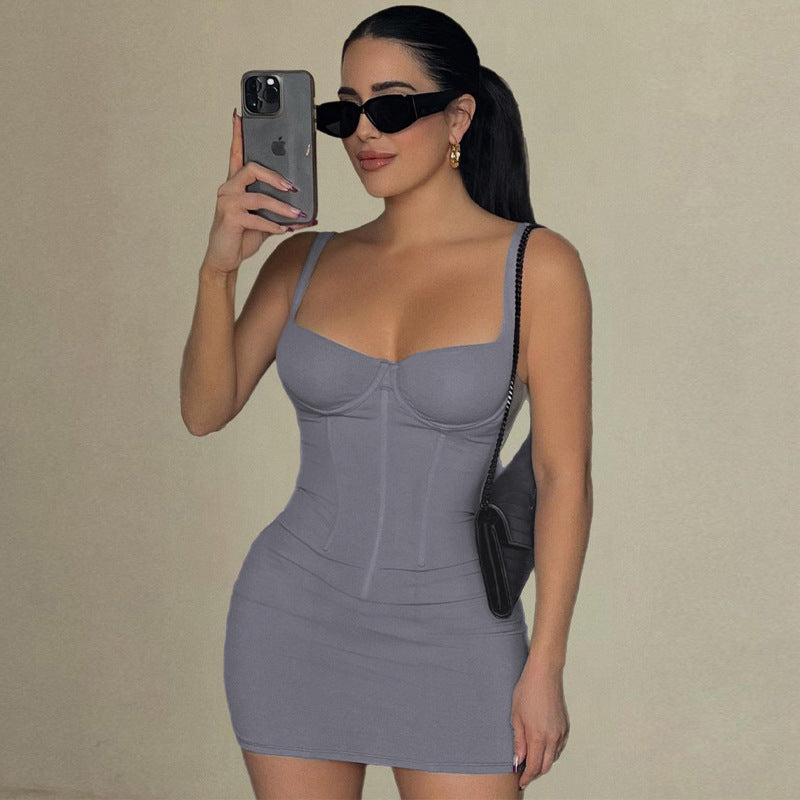Women Clothing Summer Sexy Backless Slim Fit Solid Color Strap Dress