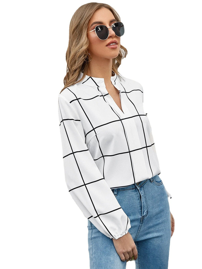 Autumn Elegant  Style Shirt Stand Collar Long Sleeve Plaid Printed Chiffon Women Shirt