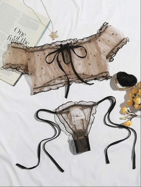Brown Printed Sexy Lingerie Mesh Floral Print Black Lace Emotional Strap Sexy Sleepwear