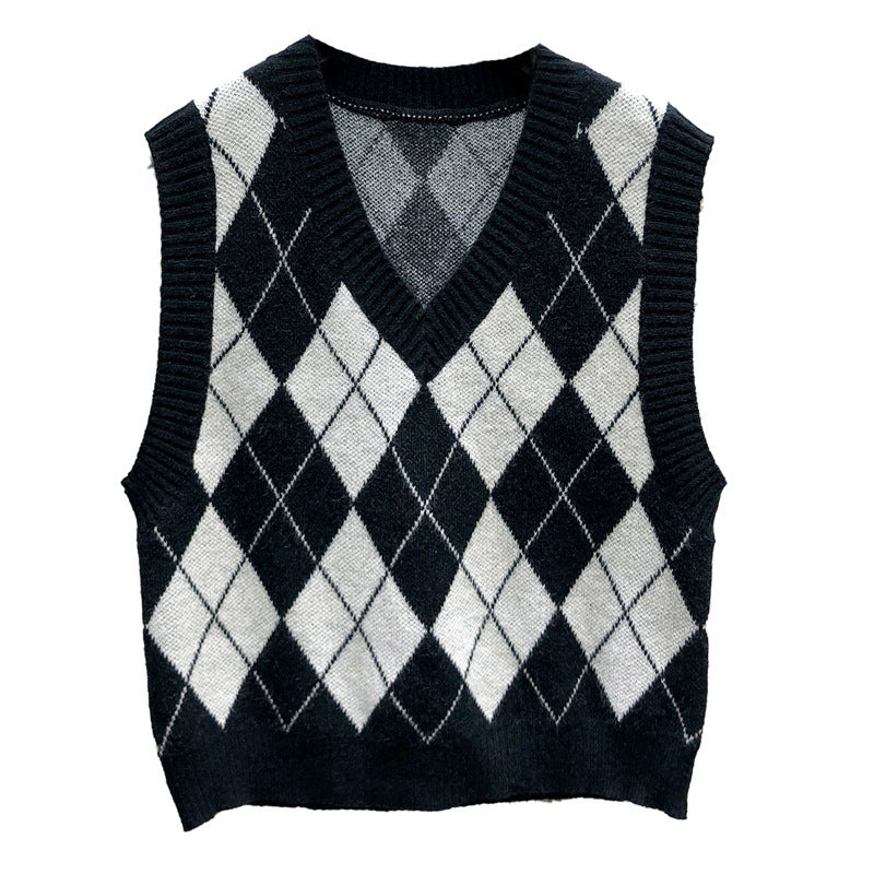 Korean Style V-neck Plaid Pullover Vest Knitted Scottish Vest Elegant Slimming Trendy Sweater