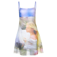 Spring Women Clothing Suspender Off Shoulder Mesh Floral Print Stitching Dress