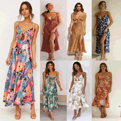 Spring Summer New Small Maxi Floral Print Fresh Sweet Spaghetti-Strap Dress