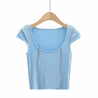 Summer New Women round-Neck Patchwork Design T-shirt Slim Fit Slimming Women Elegant Sexy Raglan Sleeve Top