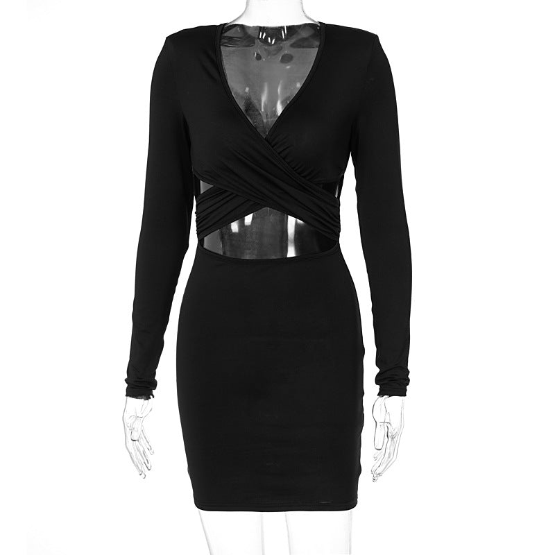 Style Women Clothing 2021 New Autumn Fashion Sexy Cutout Deep V Midriff-Baring Long Sleeve Dress