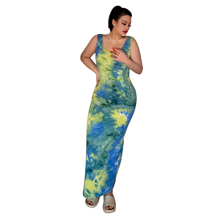 Sexy Casual Fashion Sleeveless Tie-Dyed Sheath Dress round Neck Strap Slimming Slim Fit Long Dress WomenClothing
