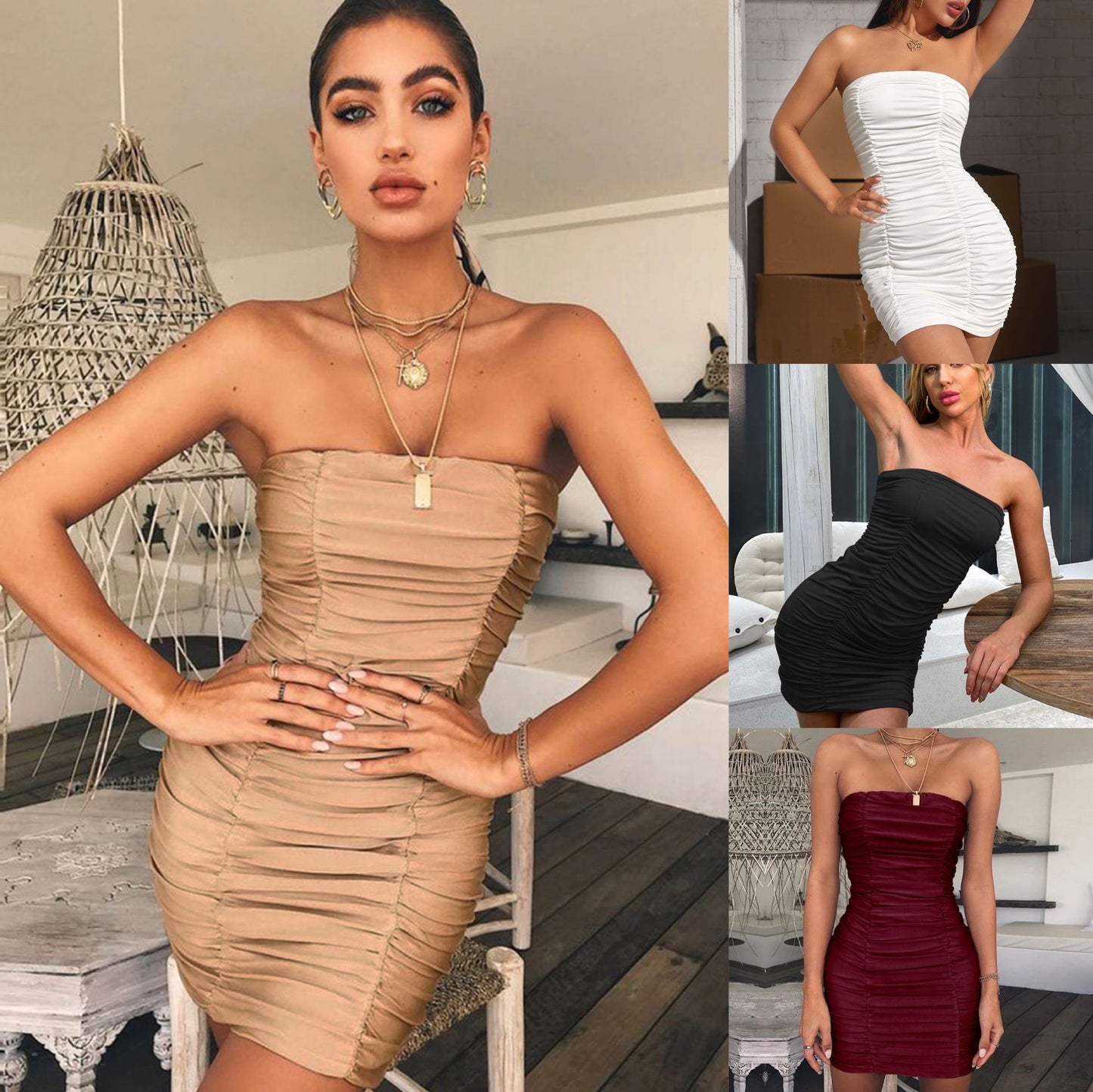 Spring Summer New  Women Clothing Sexy Tube Top Nightclub Ruffle Hip Dress