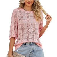 Summer Women Clothing Women ound Neck Hollow Out Sun Protection Clothing Knitted Sweater Blouse
