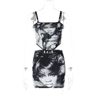 Women Figure Printing Spaghetti Straps Chest Wrap Sexy Hip Bag Skirt Outfit