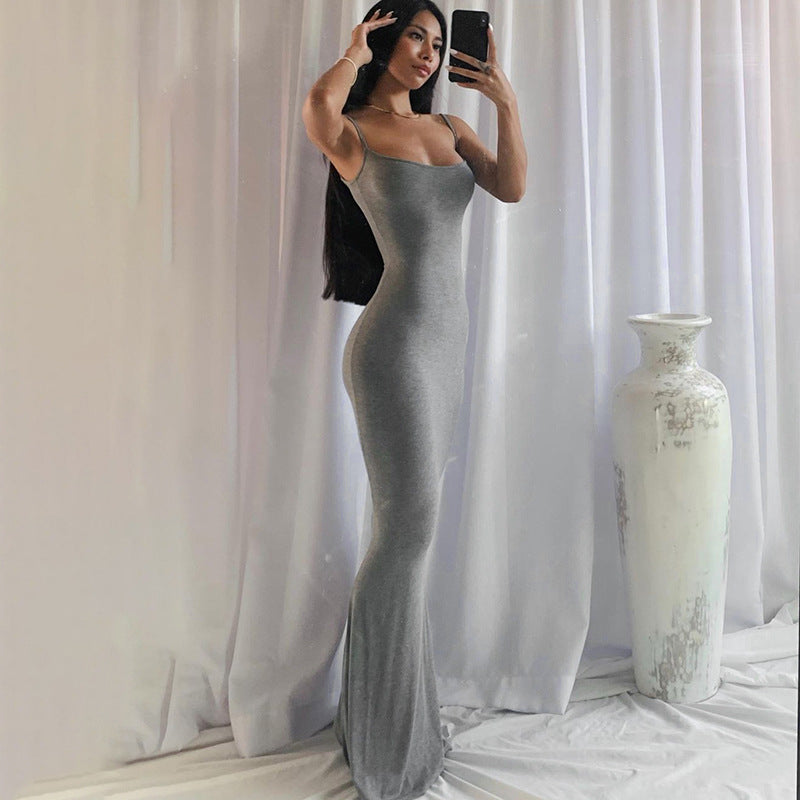 Women Clothing Autumn Winter New Solid Color Stitching Casual Sleeveless High Waist Slim Fit Long Dress Maxi