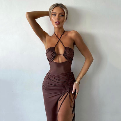 Elegant Sexy Push-up Split Dress for Women 2022 Spring New Hollow Backless Halter Dress