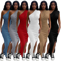 Women Clothing  New  Spring Summer Solid Color Thread Pleated Slant Shoulder Slit Long Dress