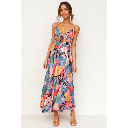 Spring Summer New Small Maxi Floral Print Fresh Sweet Spaghetti-Strap Dress