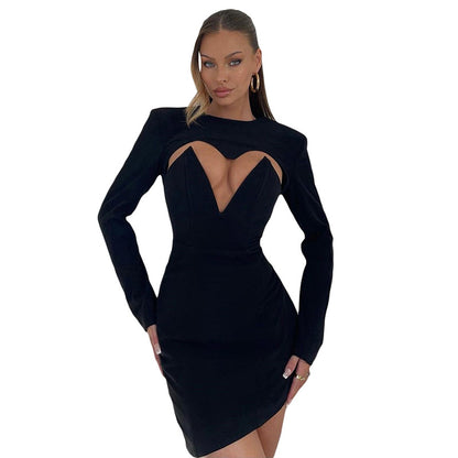 Winter New Women Clothing Fashion round Neck Long Sleeve Sexy Cutout Slim Sheath Dress