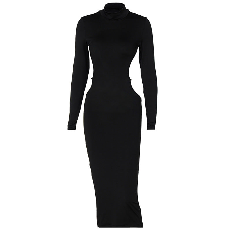 Style Women Clothing 2021 New Autumn Fashion Sexy Backless round Neck Long Sleeve Slim Mid-Length Dress