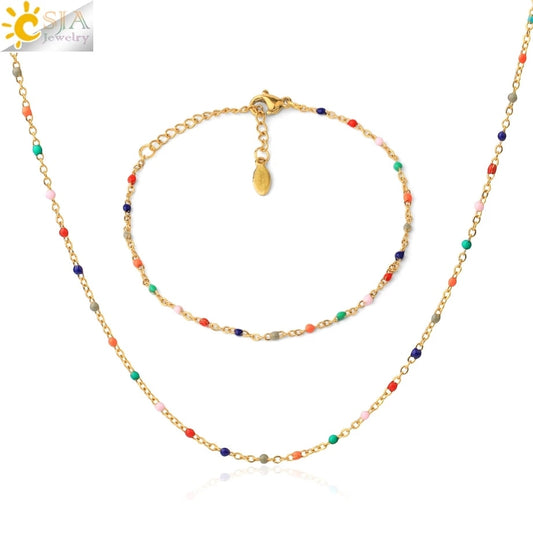 CSJA Gold Color Thin Stainless Steel Bracelets Necklaces for Women Jewelry Sets 2022 Bijoux Collier Acier Inoxydable Femme S739