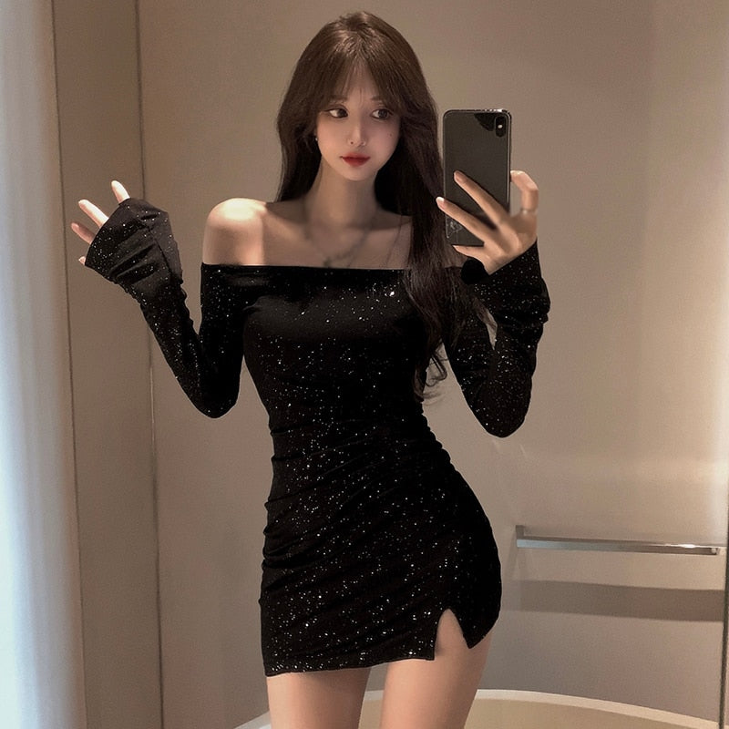 Y2k Slim Mini Bodycon Dress  Sexy Out Off Shoulder Korean Fashion Black Dresses Long Sleeve Split Slash Neck  Vestido