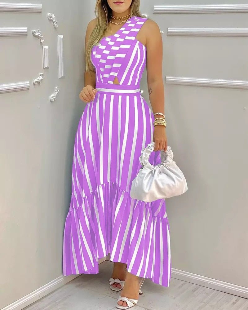 Women&#39;s Fashion Slant Collar Elegant Hollow High Waist Striped Dress 2021 Summer New One-shoulder Striped Sleeveless