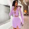 2022 Fashion Women Two-piece Crochet Skirt Suit, Solid Color Long Sleeve Cropped Tops and Slit Wrap Skirt, S/ M/ L