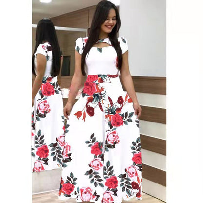 Women Short Sleeve Hollow Out O-neck Long Dress Summer Elegant Floral Printed High Waist Elastic Elegant Boho Robe Maxi Vestidos