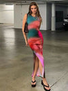 Sleeveless Maxi Bodycon Dresses Fashion Beach Tie Dye Print Split Robe Street Elegant Y2k Sexy Slim Even Dress Summer Women 2022