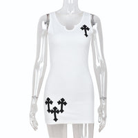 Sifreyr Cross Printed White Mini Dress For Women Sleeveless V-Neck Basic Tank Dress Y2K Streetwear Outfits Party Bodycon Dresses