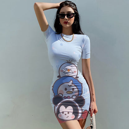 Disney Minnie Mickey Summer Women Elegant Fashion Simple Print Bodycon Pencil Dresses Slim Mini Short Sleeve Casual Sheath Dress