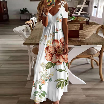 Women Floral Print Maxi Dress Boho Lace Sling Hollow Out A Line Long Dress Ladies Casual Loose V-Neck Beach Party dress Vestidos